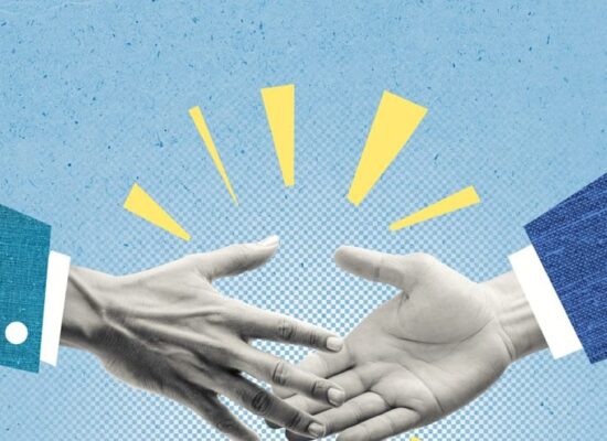 Sofia Lescano 6 Creative collage illustration of financial business. Two businessmen shaking hands for partners agreement. Conceptual illustration of success deal, corporate ethic, connection.