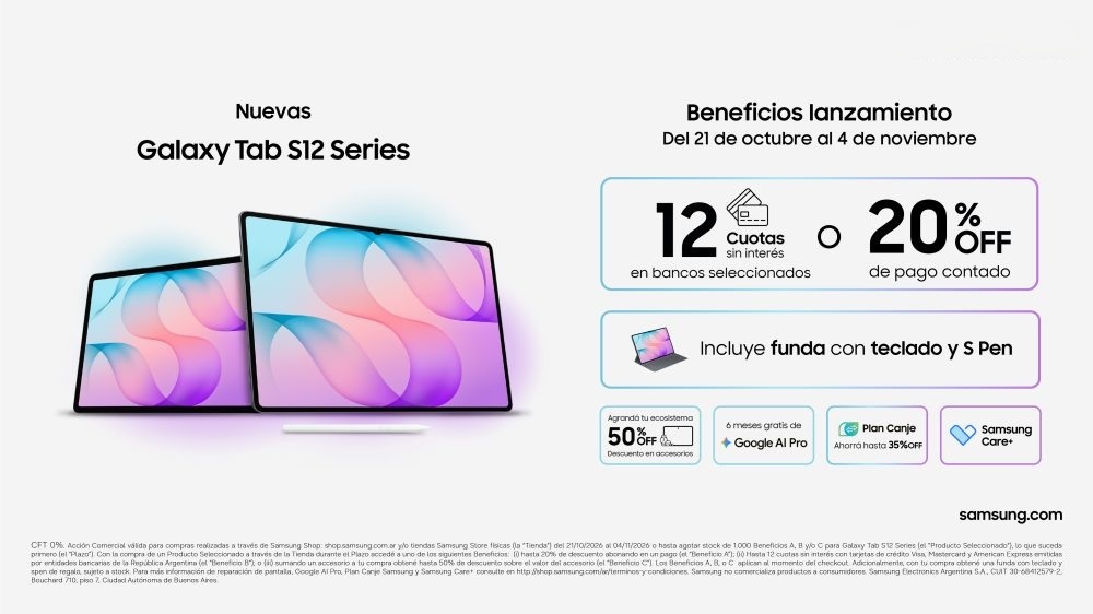 Samsung anuncia el lanzamiento de la Serie Galaxy Tab S12 en Argentina con un paquete exclusivo de beneficios, financiación y suscripciones bonificadas 2 Galaxy Tab S12 Series Beneficios RGB 1920x1080 1 1000x562 2